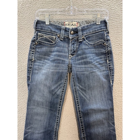 Ariat Jeans Womens 25R Blue REAL Icon Straight Thick Stitch Raw Hem Western * - Picture 11 of 11